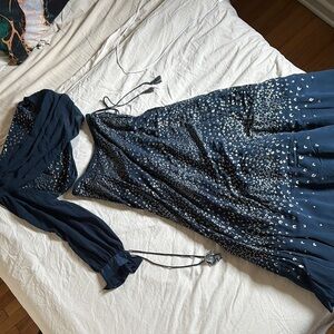 Elegant Navy Blue Embellished Dress with Scarf